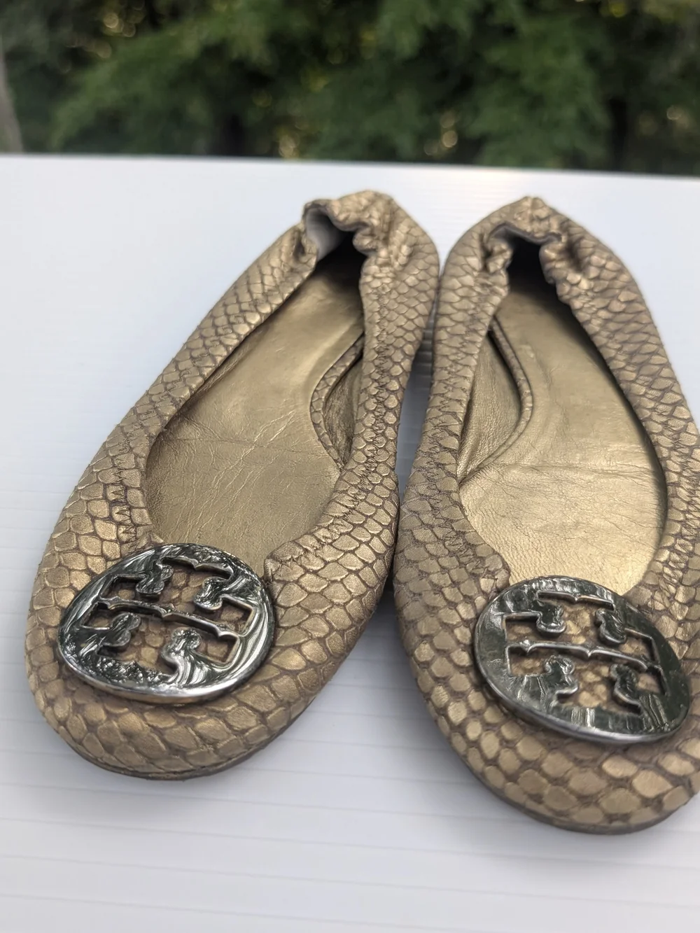 Tory Burch Reva Metallic Bronze Snake-Embossed Ballet Flats with Logo